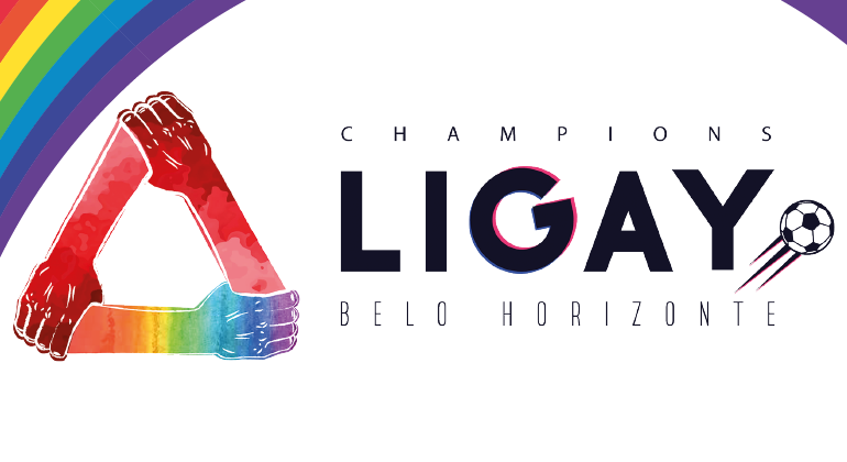 A PBH patrocina o Champions Ligay, campeonato brasileiro de futebol LGBT, que acontece na Arena Santa Cruz, nos dias 15 e 16/11. Arte: PBH Um triângulo formado por mãos e punhos vermelho e com as cores do arco-íris embaixo do arco-íris e os dizeres: Champions Ligay Belo Horizonte, com o desenho de uma bola lançada.