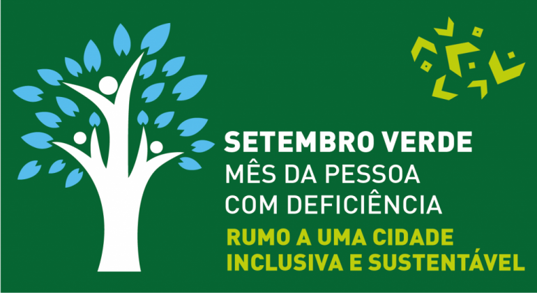 A programação do Setembro Verde inclui debates, formações e atividades de lazer e pode ser acessada na página do evento. Arte: PBH Setembro verde - mês da pessoa com deficiência. Rumo a uma cidade inclusiva e sustentável.