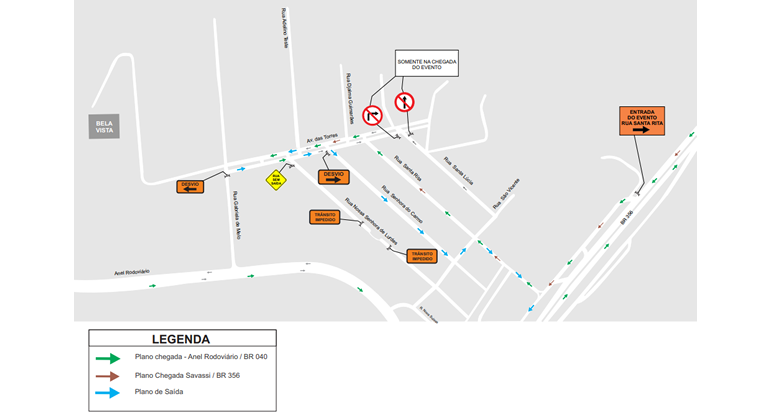 Mapa da operação de trânsito no Bairro Olhos D’Água para evento Baile da Urca, nos dias 25 e 26/10. 