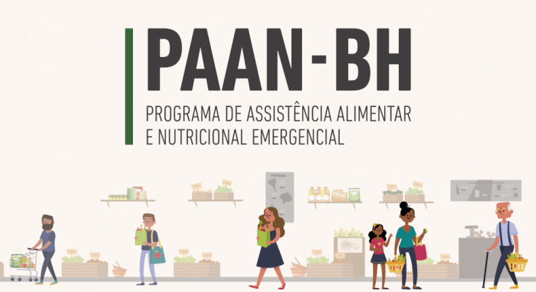 Imagem gráfica. No alto, um texto com o nome do programa: PAAN-BH Programa de Assistência Alimentar e Nutricional Emergencial. Abaixo, imagem de seis pessoas em um supermercado fazendo compras