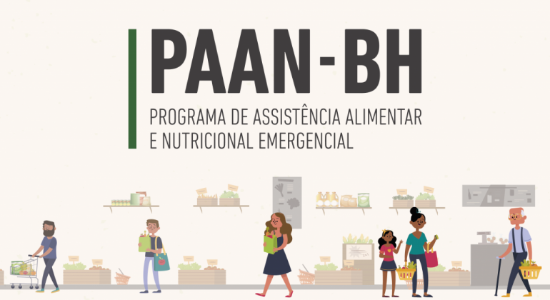 Programa de Assistência Alimentar e Nutricional Emergencial - PAAN Imagem gráfica. No alto, um texto com o nome do programa: PAAN-BH Programa de Assistência Alimentar e Nutricional Emergencial. Abaixo, imagem de seis pessoas em um supermercado fazendo compras