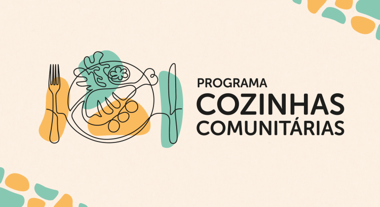 Imagem gráfica do programa Cozinhas Comunitárias. Elementos formam um prato de comida