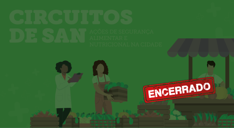 Uma mulher de jaleco anota em uma prancheta enquanto outra mulher organiza uma caixa de vegetais entre outros legumes e frutas exibidos. À esquerda, uma barraquinha com um homem atendendo. Acima e à direita, os dizeres "Circuitos de SAN". Abaixo e à esquerda, uma tarja vermelha escrito "encerrado". 