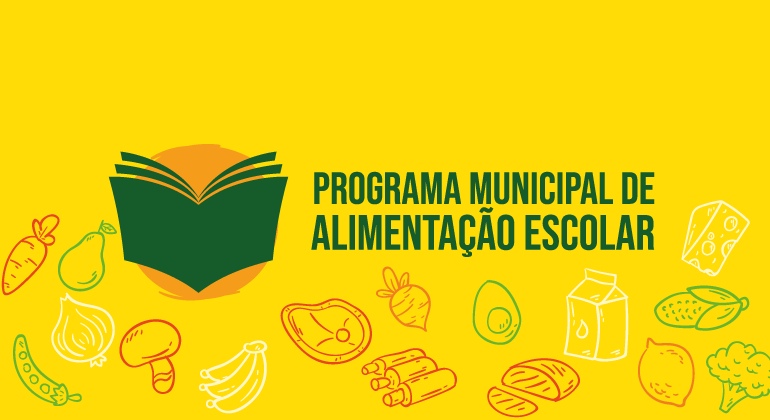 À esquerda, círculo laranja atrás de livro verde. À direita, ao centro, os dizeres "Programa Municipal de Alimentação Escolar". Em toda a imagem, de fundo amarelo, na metade debaixo, desenhos de frutas, legumes leite e vegetais nas cores vermelho, branco e verde