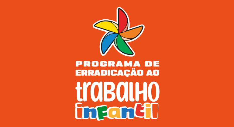 Sobre um fundo vermelho vivo, um catavento nas cores vermelho, laranja, verde, azul e amarelo. Abaixo, os dizeres "Programa de Erradicação do Trabalho Infantil"