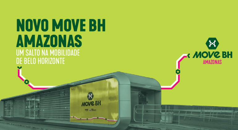 Arte em fundo verde com o texto ‘Novo Move BH Amazonas – Um salto na mobilidade de Belo Horizonte’. À frente, imagem de uma estação do Move BH com painel amarelo e o logotipo Move BH.