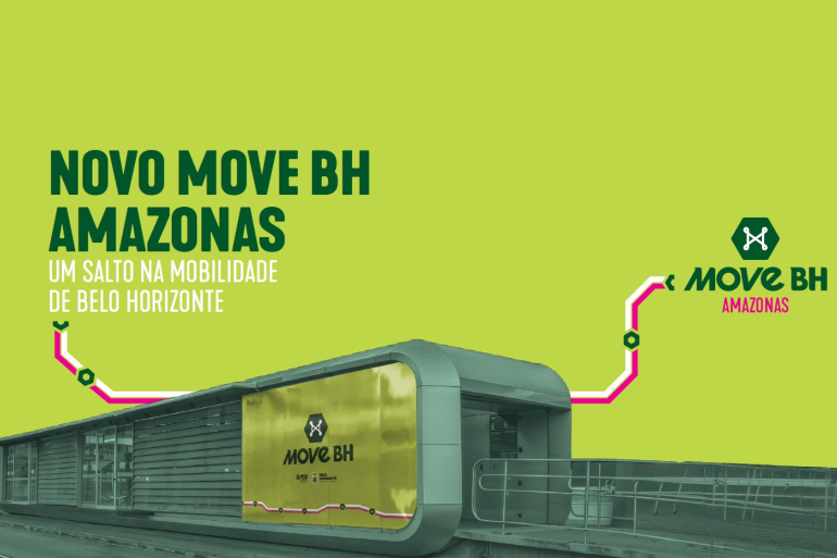Novo MOVE BH Amazonas. Um salto na mobilidade de Belo Horizonte Arte em fundo verde com o texto ‘Novo Move BH Amazonas – Um salto na mobilidade de Belo Horizonte’. À frente, imagem de uma estação do Move BH com painel amarelo e o logotipo Move BH.