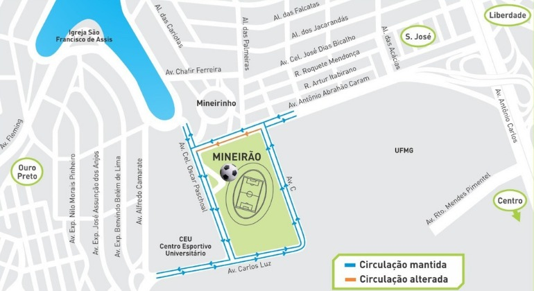 Mapa da região entorno do Mineirão.
