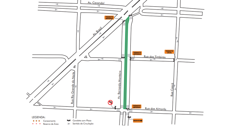 A BHTrans realiza operação de transporte e trânsito na avenida Bernardo Monteiro para realização do evento BH Pop – Então Brilha. Arte: PBH Mapa da operação de trânsito para evento musical na avenida Bernardo Monteiro, dias 18 e 19/1.