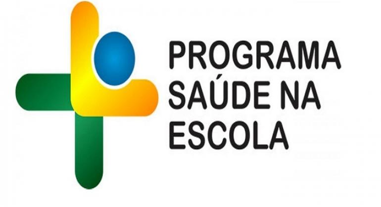 A figura mostra uma logo que é uma cruz feita de partes amarela e verde, com um círculo azul e ao lado lê-se: Programa Saúde na Escola.