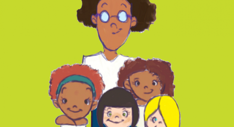A imagem mostra um desenho com uma mulher de óculos e quatro crianças, uma de cabelos ruivos, outra de cabelo preto, outra de cabelos castanhos e uma loira.