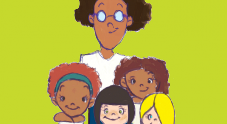 Guia de Orientações e Encaminhamentos A imagem mostra um desenho com uma mulher de óculos e quatro crianças, uma de cabelos ruivos, outra de cabelo preto, outra de cabelos castanhos e uma loira.