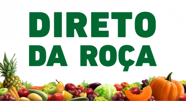 Imagem gráfica com o texto Direto da Roça em destaque, na cor verde. Abaixo, foto com com frutas e legumes diversos, como: abacaxi, alface, maçã, banana, etc. 