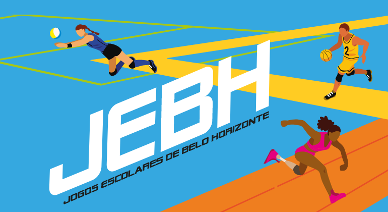 Banner Jogos Escolares de Belo Horizonte ilustração de personagens praticando esportes, sobre fundo colorido azul, amarelo e laranja