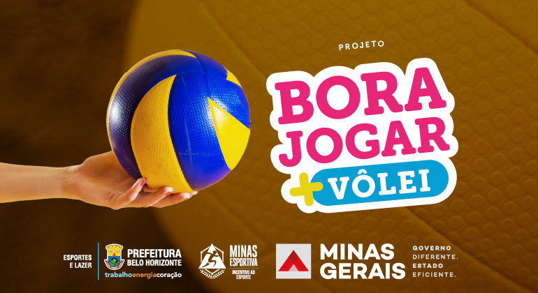 Banner Bora Jogar Mais Volei. Uma mão segura uma bola de volei azul e amarela junto ao título do projeto e marcas do governo estadual 