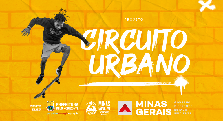 Banner Circuito Urbano. Um skatista negro faz uma manobra em salto, junto ao título do projeto e marcas do governo estadual 