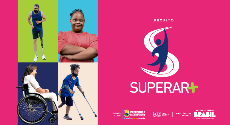 Banner Superar+. quatro pessoas diversas com deficiencia, junto ao título do projeto e marcas do governo federal