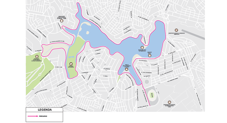 Operação especial de trânsito e transporte para a XXI Volta Internacional da Pampulha neste domingo, dia 8 Mapa da orla da Lagoa da Pampulha com o trajeto da XXI Volta Internacional da Pampulha