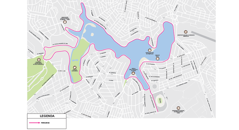 Mapa da orla da Lagoa da Pampulha com o trajeto da XXI Volta Internacional da Pampulha