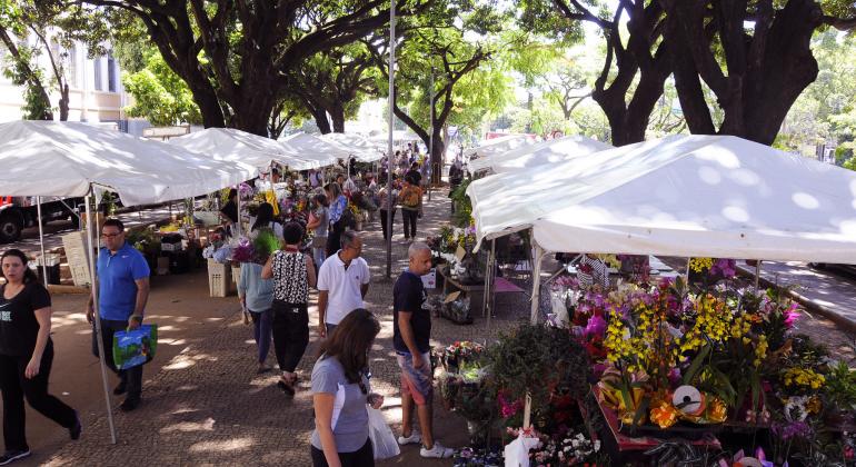 Foto de feiras com flores diversas em um ambiente muito arborizado, com várias pessoas passeando e realizando suas compras.