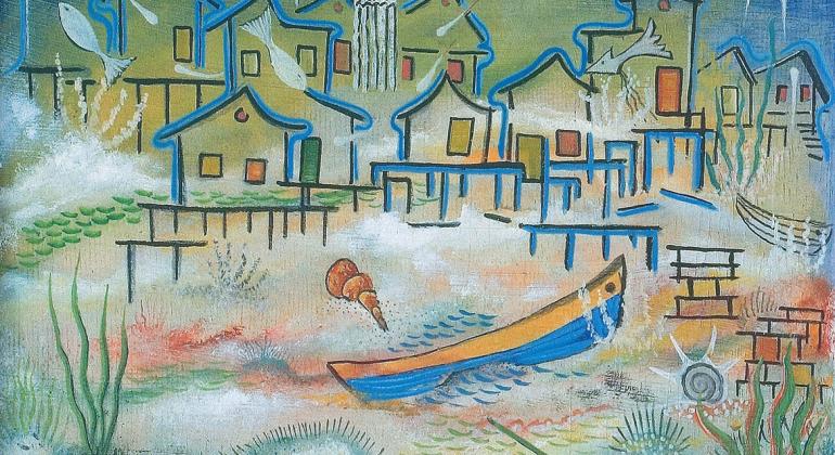 Artista Petrônio Bax é homenageado no Museu Abílio Barreto Casas e muros se mistural a basco e lago com plantas em quadro com as cores verde, azul, amarelo e marrom. Foto: Acervo MHAB