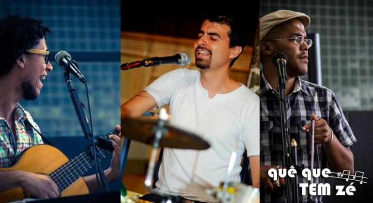 Show de samba anima o Centro Cultural Padre Eustáquio Três homens integrantes do grupo de samba Que que tem Zé cantam e tocam instrumentos em Fotomontagem. Foto: Divulgação