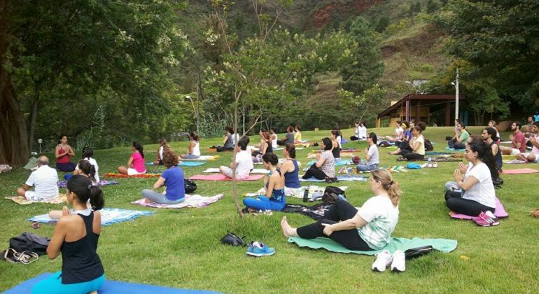 Homem fazendo ioga em um parque com árvores ao fundo