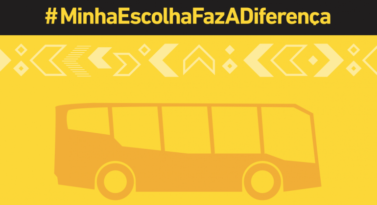 Campanha Maio Amarelo estimula educação e segurança do trânsito. Foto: Divulgação BHTrans Cartaz em preto e amarelo com um ônibus desenhado e os dizeres: #MinhaEscolhaFazADiferença.