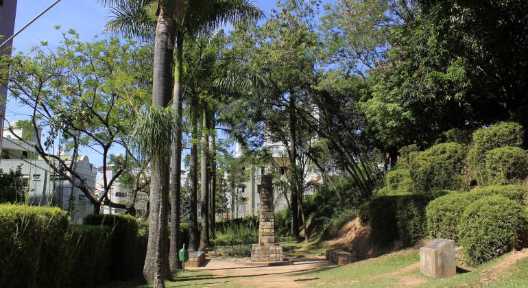 Parque Municipal Marcos Mazzoni. Foto: Glenda Souza Foto ilustrativa de Parque Municipal Marcos Mazzoni, com palmeiras, e arbustos em caminho cercado de verde.