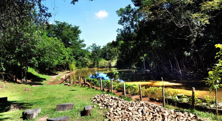 Rio faz trajeto curvo entre grama, árvores , cerca, pedras e bancos de madeira em um dia de sol