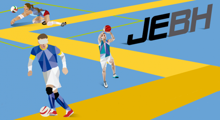 ura dos Jogos Escolares de Belo Horizonte acontece no teatro de arena do Parque das Mangabeiras na sexta-feira, dia 2, às 14h. Arte: PBH Treês atletas, uma jogadora de vôlei, um jogador de basquete e um jogador de futebol vendado na arte dos Jogos Escolares de BH (JEBH)