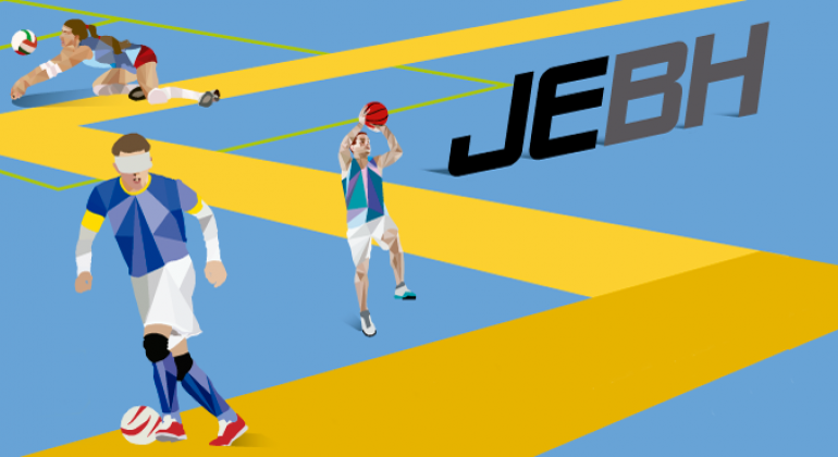 Três atletas proticam vôlei, basquete e futebol. À direita, a sigla dos Jogos Escolares de Belo Horizonte, JEBH