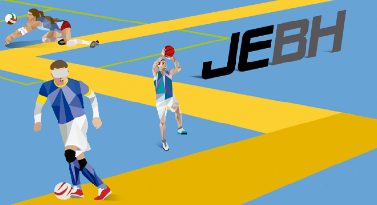 Congresso Técnico dos Jogos Escolares de Belo Horizonte (JEBH) será realizado no auditório da Escola Municipal Professora Eleonora Pierucetti. Arte: PBH Três atletas proticam vôlei, basquete e futebol. À direita, a sigla dos Jogos Escolares de Belo Horizonte, JEBH