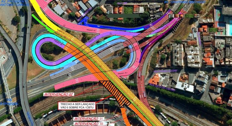 Em função das obras para construção de nova alça no Viaduto Leste estão sendo realizadas algumas alterações no trânsito até dia 2 de julho. Arte: Secretaria de Obras/PBH Mapara do Viaduto da Lagoinha com trajetos coloridos indicando as novas alças feitas.