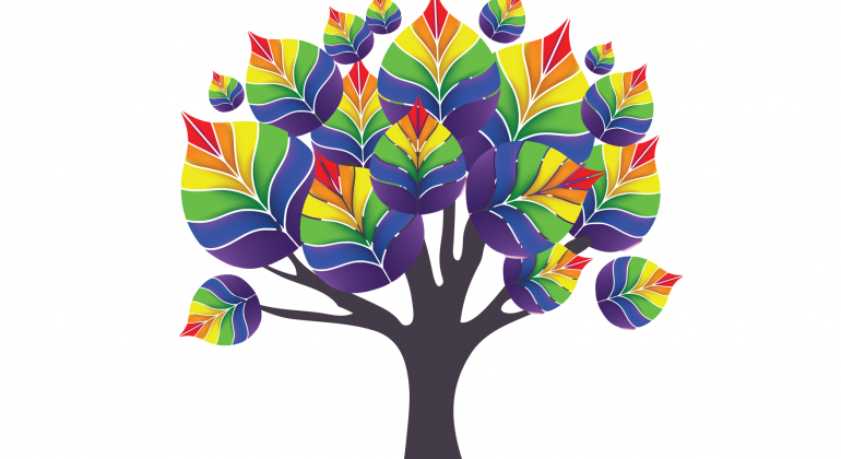 Logomarca - Jornada da Cidadania LGBT - Árvore de tronco preto e folar multicoloridas, com listras das cores do arco-íris.