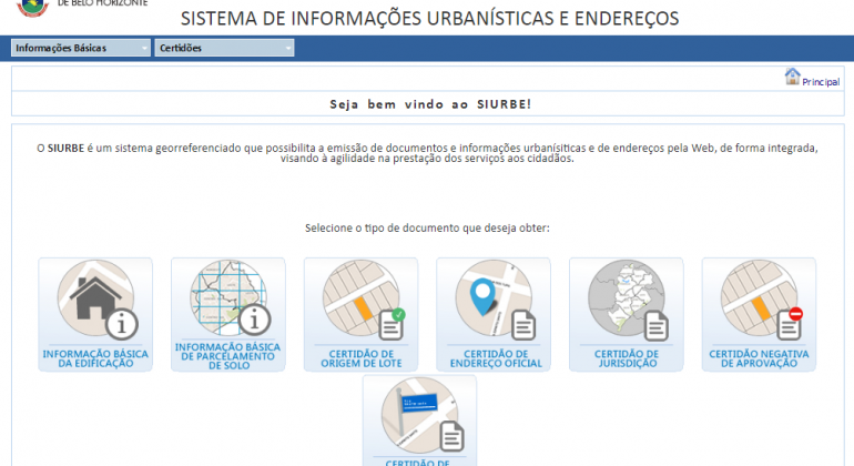 Para facilitar o acesso às informações urbanísticas de Belo Horizonte, Prefeitura disponibiliza documentos pela internet. Quadro do sistema de informações urbanísticas e endereços, com ícones para sete diferentes tipos de informação, como edificação, parcelamento do solo e certificado de endereço.