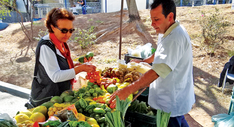Vendedor de frutas e legumes atende cliente em feira