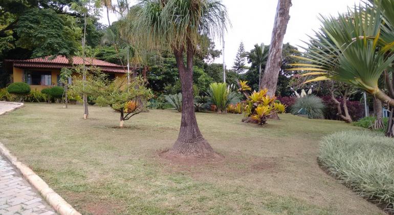 Parque Jacques Costeau, com Casa em estilo colonial, vegetação com arbustos e árvores e um caminho lateral, durante o dia.