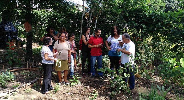 Raizeiro Paulino Caldeira ensina o uso de ervas medicinais a sete cidadãos. Atividade faz parte do projeto Café com Saberes, em Venda Nova.