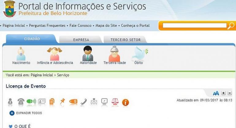 Saiba quais são os procedimentos necessários para se promover um evento em espaço público ou privado em Belo Horizonte. Imagem do Portal de Informações e serviços com o item "Licença de Evento" em destaque.