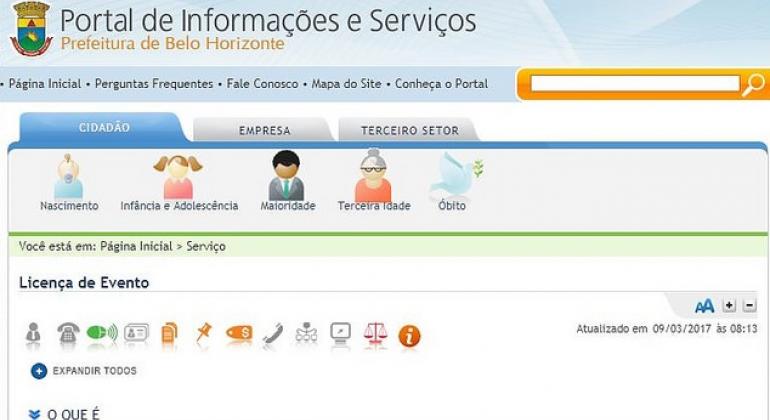 Imagem do Portal de Informações e serviços com o item "Licença de Evento" em destaque.