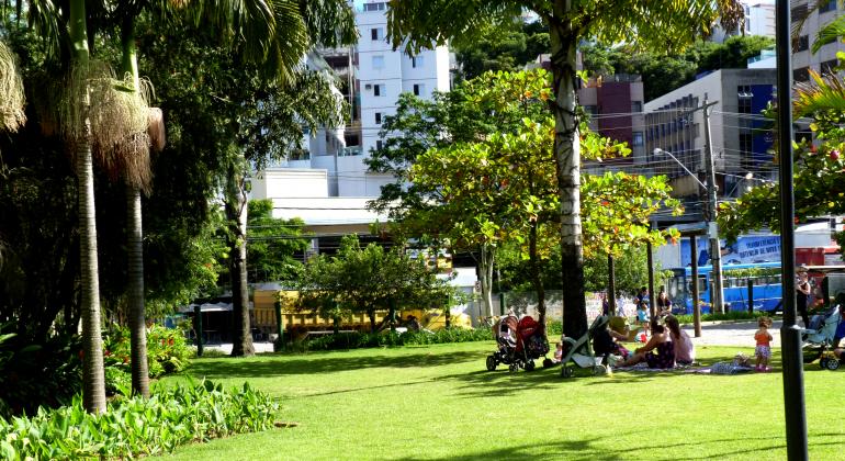 Confira os principais eventos gratuitos que acontecem em BH no fim de semana dos dias 15 e 16 de julho, sábado e domingo. Foto: Divulgação PBH Cinco pessoas sentadas à beira da palmeira em parque no Buritis, local com muito verde e outras árvores.