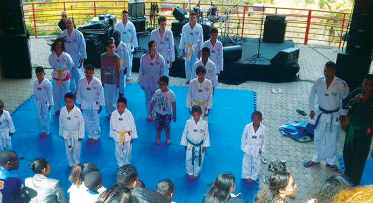 Com a parceria de centros culturais do município, projeto leva o Tae-Kwon-Do às vilas e favelas de Belo Horizonte. Foto: Juliana Vilaça Cerca de quinze crianças praticam Tae-Kwon-Do em local coberto.