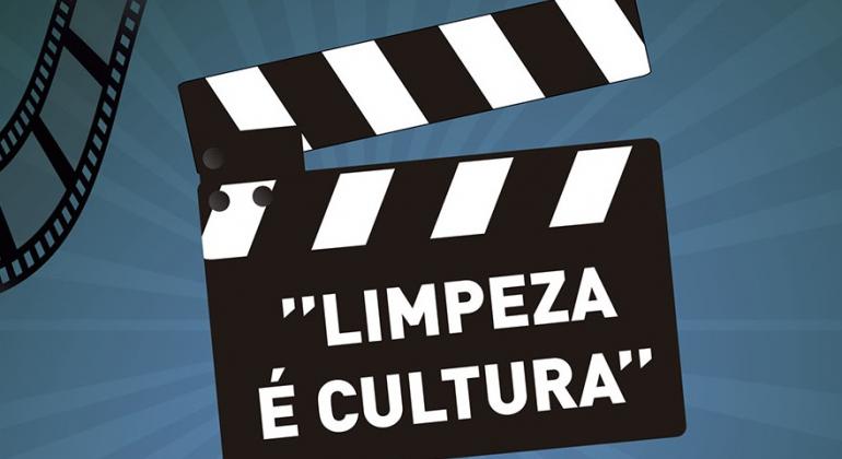 Claquete de cinema onde se lê "Limpeza é Cultura"