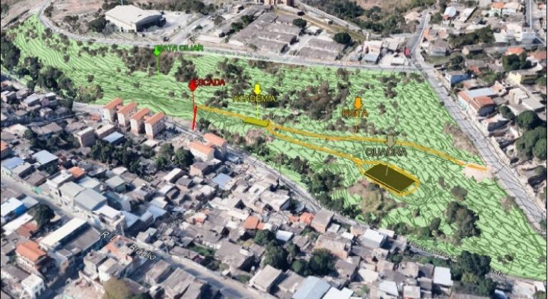 Maquete digital do Parque Santa Terezinha, que prevê Revitalizar áreas de matas ciliares ao longo do curso de água e proteger nascentes em Belo Horizonte.