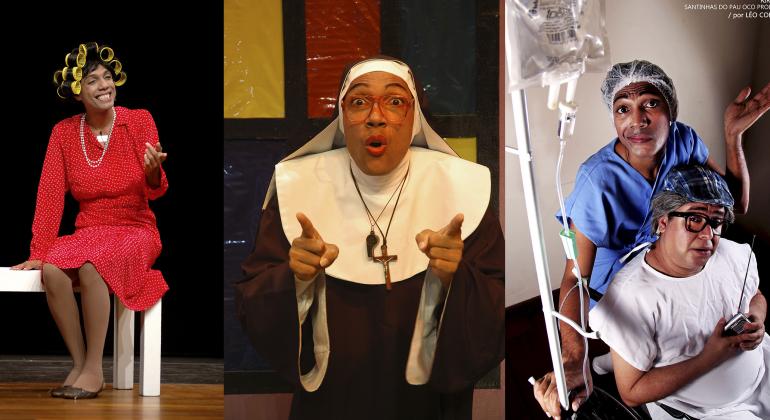 Cenas da Companhia de Teatro Santinhas do Pau Oco. Foto: Divulgação Uma mulher com rolinhos no cabelo, uma freira e uma auxiliar de saúde são cenas que fazem parte dos espetáculos do da Companhia de Teatro Santinhas do Pau Oco.