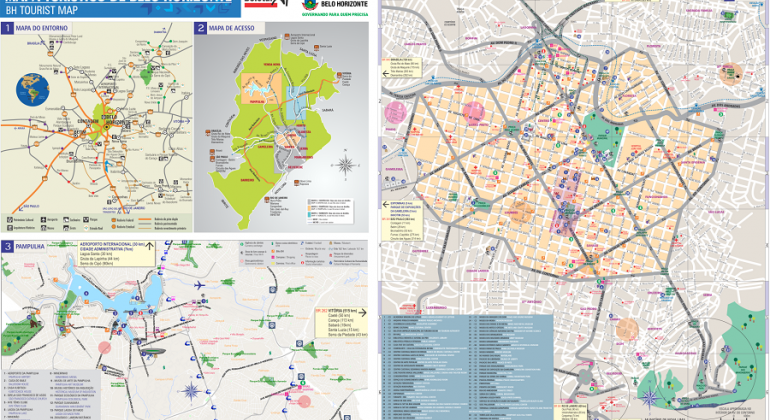 Quatro mapas de Belo Horizonte em uma mesma imagem: do entorno da capital mineira, do acesso, da Pampulha e do centro.