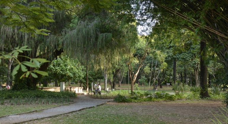 Parque Municipal Américo Renneé Giannetti, com muito verde. Ao fundo, homem sentado em banco e lago. 