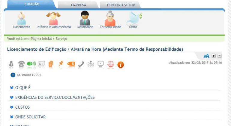 Página do Portal de Informações e Serviços onde é possível tirar o Alvará na Hora, atividade que dura sete dias. 