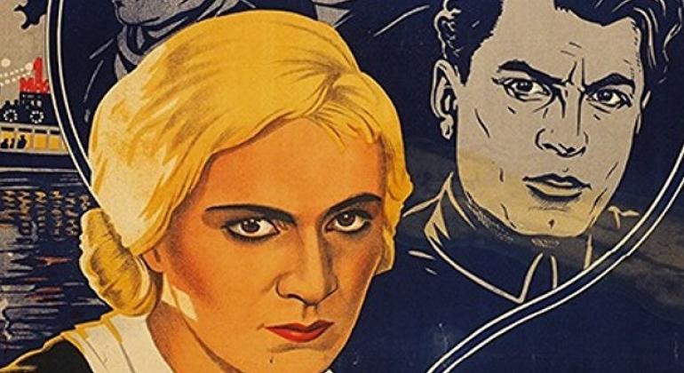 Detalhe de cartaz do filme "O cartão do partido". Foto: Divulgação PBH Mulher e homem desenhados, a mulher é loura com olhos contornados de negro, o homem está em tons cinzentos, ao fundo e à direita. Detalhe de cartaz do filme "O cartão do partido".